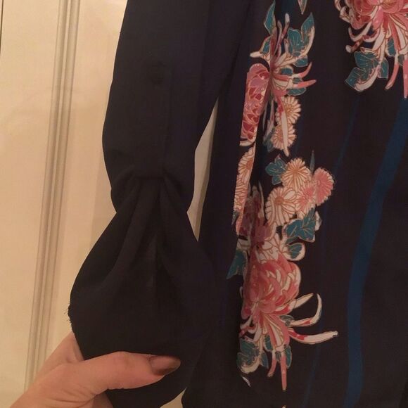 Modcloth Dark Blue Blouse with Pink Floral Design - Picture 3 of 6